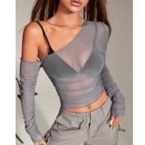 SHEIN Gray Sheer One-Shoulder Crop Top
